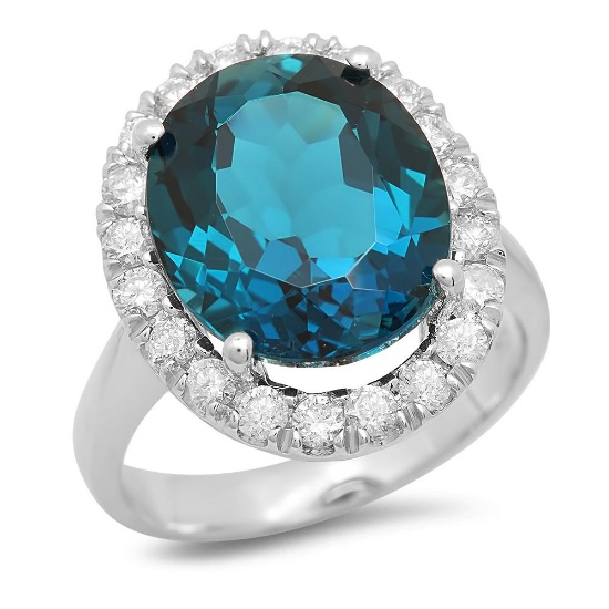 14K Gold 9.30ct Blue Topaz 0.80cts Diamond Ring