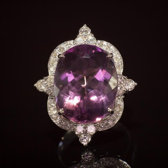 14K Gold 14.96ct Amethyst 1.21ct Diamond Ring