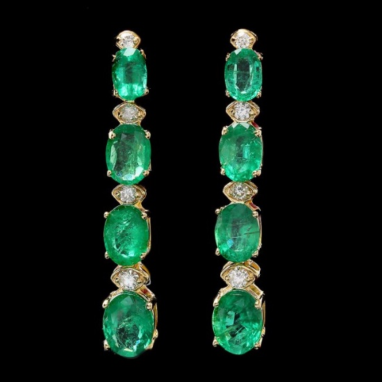 14k Gold 6.5ct Emerald .35ct Diamond Earrings