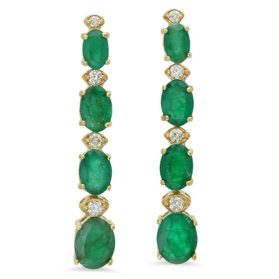 14K Gold 5.55ct Emerald 0.33 Diamond Earrings