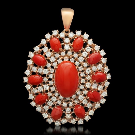 14K Yellow Gold 15.72ct Coral 5.48ct Diamond Pendant