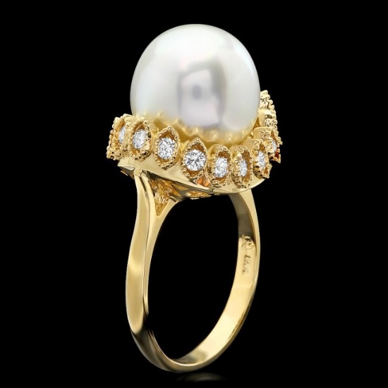 14k Yellow Gold 12mm Pearl 0.65ct Diamond Ring