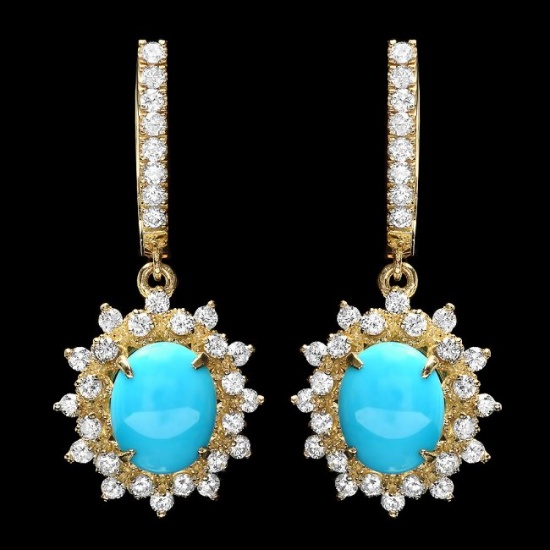 14k Gold 4.00ct Turquoise 1.50ct Diamond Earrings