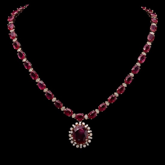 14K Gold 67.60ct Ruby & 2.55ct Diamond Necklace