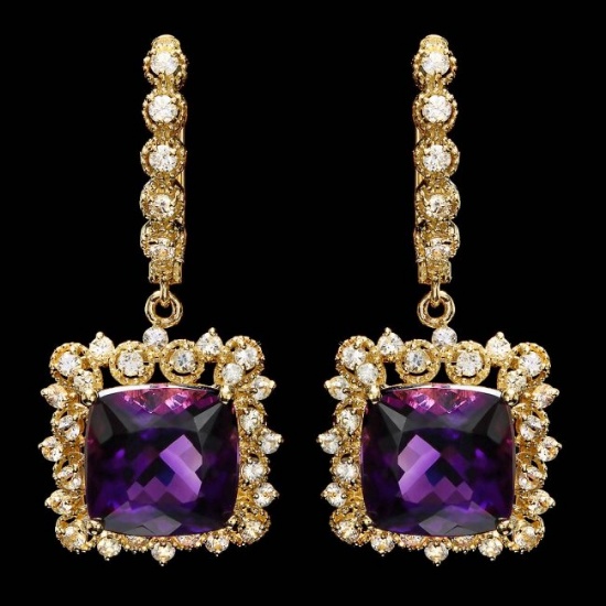 14k Gold 11.50ct Amethyst 1.70ct Diamond Earrings