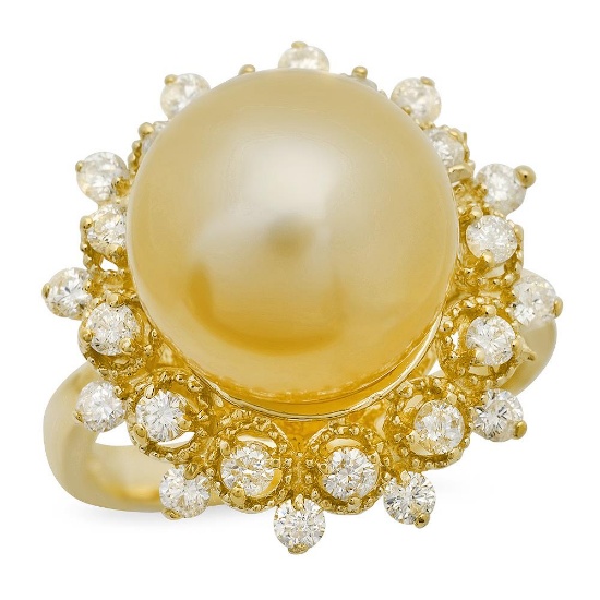 14K Gold 12mm Pearl 0.77cts Diamond Ring