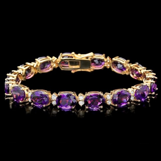 14k Gold 29.00ct Amethyst 1.30ct Diamond Bracelet