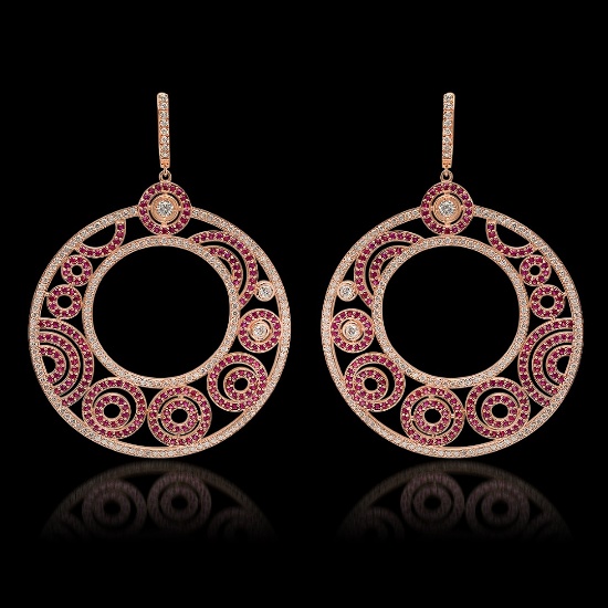 14K Rose Gold, 9.50cts Ruby & 7.87cts Diamond Earrings