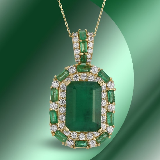 14K Gold 12.68cts Emerald & 2.68cts Diamond Pendant