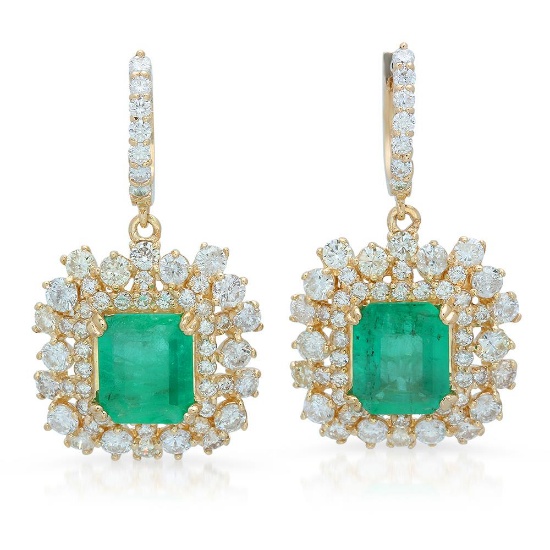 14K Gold 6.28ct Emerald 5.84ct Diamond Earrings