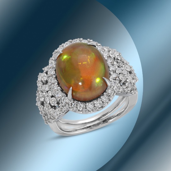 14K Gold 6.52cts Opal & 1.72cts Diamond Ring