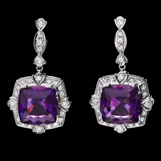 14k Gold 22.50ct Amethyst 0.40ct Diamond Earrings