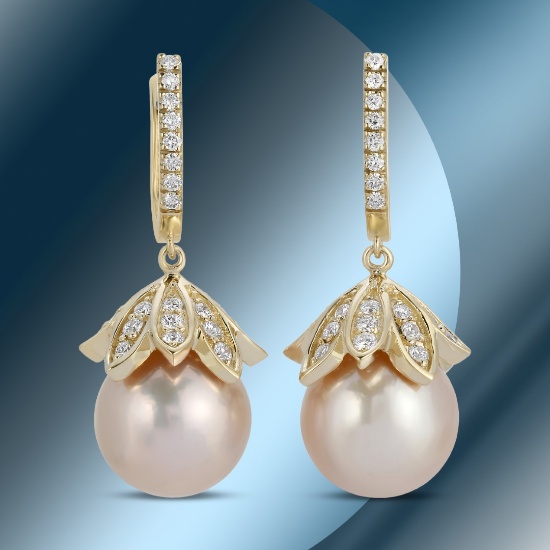 14K Gold 14mm South Sea Pearl & 2.35cts Diamond Earrings