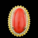 14k Yellow Gold 19.00ct Coral 1.50ct Diamond Ring