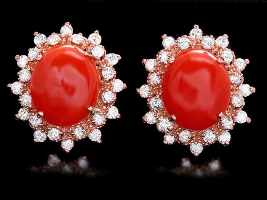14k Rose 6.00ct Coral 1.40ct Diamond Earrings