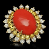 14K Gold 7.73ct Coral 1.82ct Sapphire 1.54ct Diamond Ring