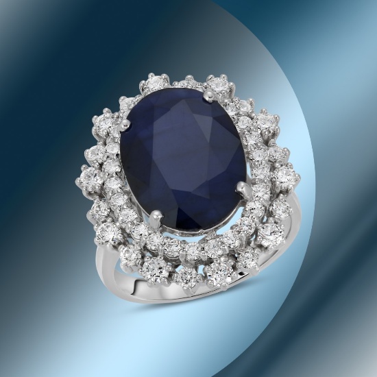 14K Gold 7.11cts Sapphire & 1.39cts Diamond Ring