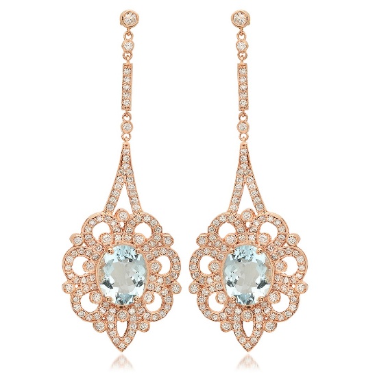 14K Rose Gold, 7.59cts Aquamarine, 2.63cts Diamond Earring