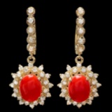 14k Gold 4.00ct Coral 1.50ct Diamond Earrings
