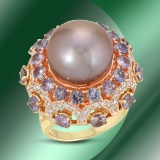 14K Gold 14mm South Sea Pearl, 6.15cts Sapphire & 1.23cts Diamond Ring