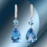 14K Gold 49.51cts Blue Topaz & 1.47cts Diamond Earrings
