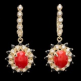 14k Gold 5.00ct Coral 1.10ct Diamond Earrings