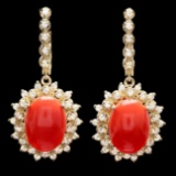 14k Gold 10.50ct Coral 2ct Diamond Earrings