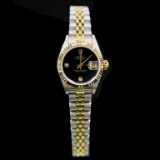 Rolex Two-Tone DateJust 26mm Factory (2) Diamonds Black Onix Dial Womens Wristwatch
