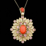 14k Gold 7.00ct Coral 1.80ct Diamond Pendant