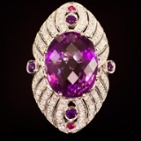 14K Gold 27.00ct Amethyst, 0.08ct Ruby 1.70ct Diamond Ring