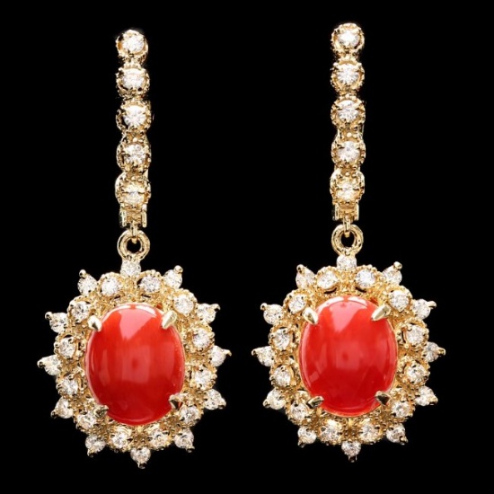 14k Gold 5.20ct Coral 1.50ct Diamond Earrings