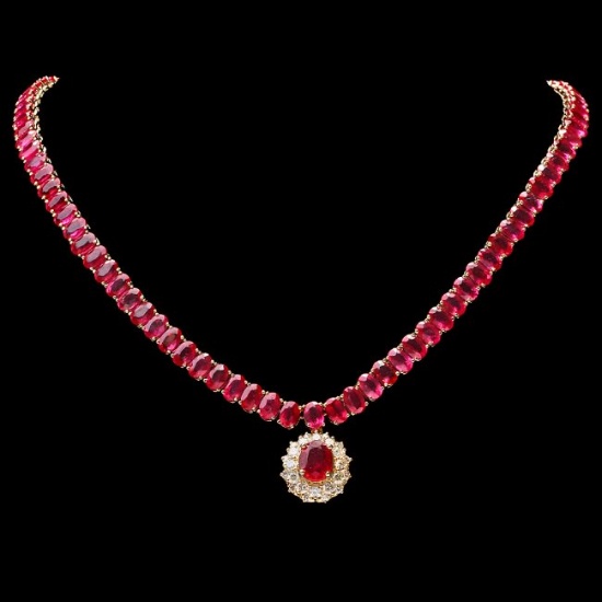 14k Gold 65.5ct Ruby 1.35ct Diamond Necklace