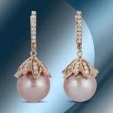 14K Gold 15mm South Sea Pearl & 2.35cts Diamond Earrings