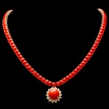 14k Gold 39ct Coral 0.80ct Diamond Necklace