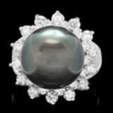 14k White Gold 13mm Pearl 1.55ct Diamond Ring
