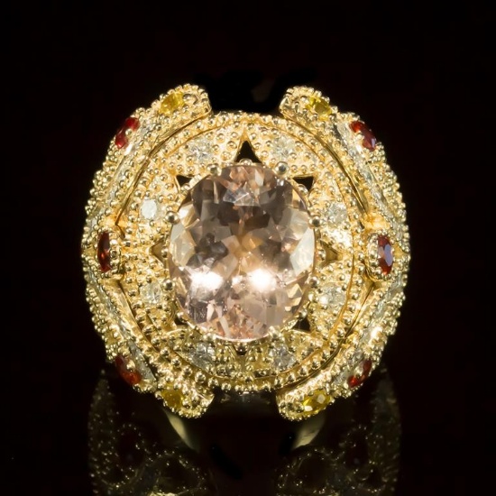 14K Gold 4.62ct Morganite, 1.40ct Orange Sapphire 1.55ct Diamond Ring