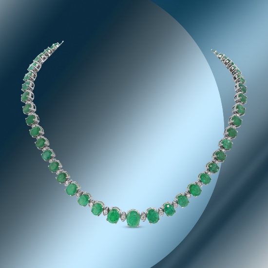 14K Gold 52.41cts Emerald & 1.80cts Diamond Necklace