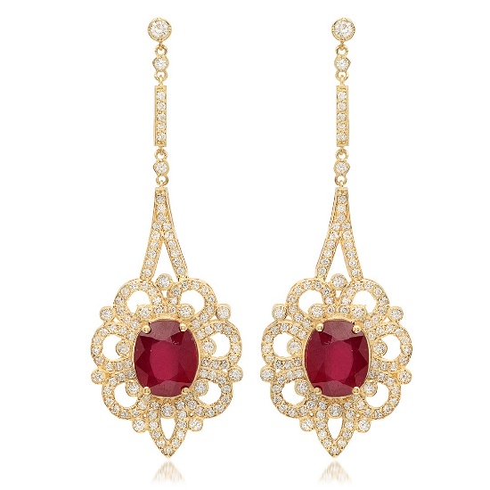 14K Yellow Gold, 8.10cts Ruby, 2.67cts Diamond Earring