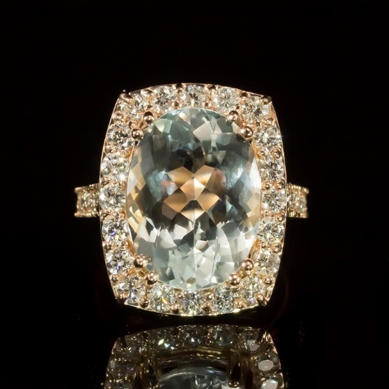 14K Gold 6.50ct Aquamarine 1.41ct Diamond Ring