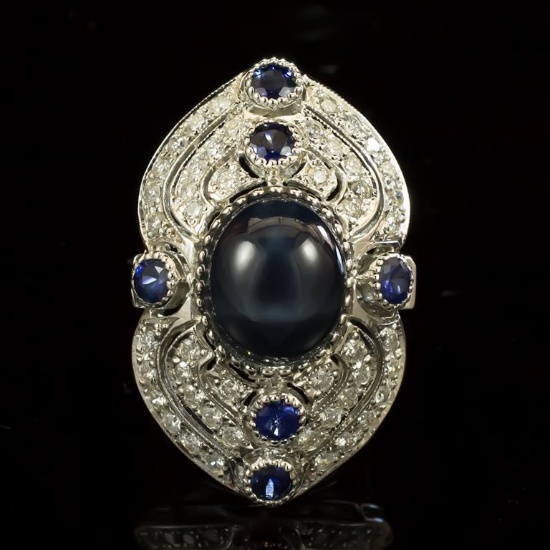 14K Gold 12.60ct Star Sapphire, 0.55ct Sapphire  1.41ct Diamond Ring