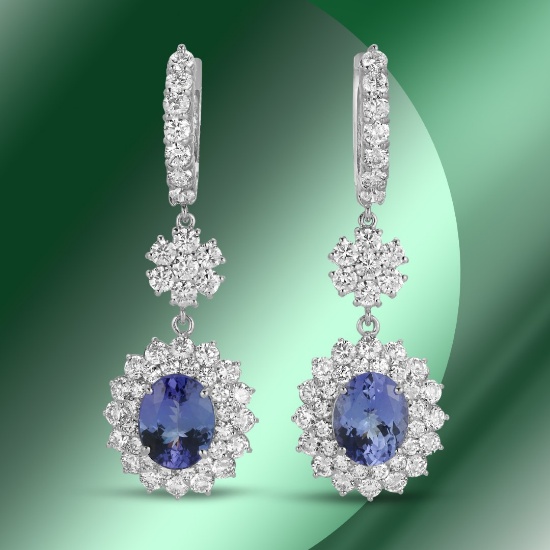 14K Gold 6.09cts Tanzanite & 7.01cts Diamond Earrings