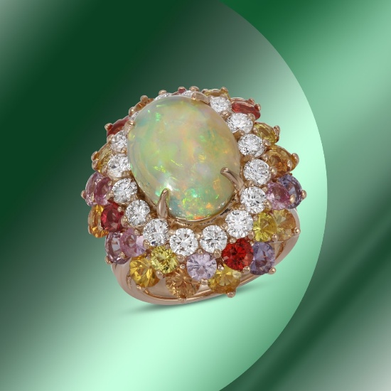 14K Gold 6.88cts Opal, 7.67cts Sapphire & 1.64cts Diamond Ring