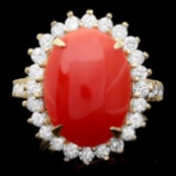 14k Yellow Gold 5.00ct Coral 1.35ct Diamond Ring