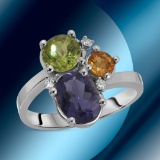 14K Gold 1.20cts Tanzanite, 0.76cts Peridot, 0.30cts Citrine & 0.05cts Diamond Ring