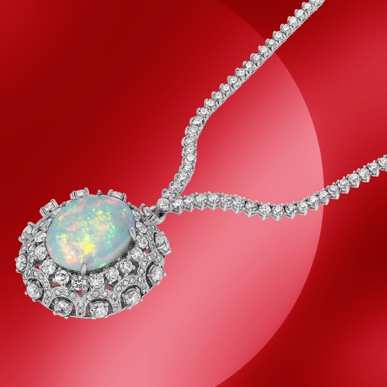 14K Gold 20.03cts Opal & 11.84cts Diamond Necklace