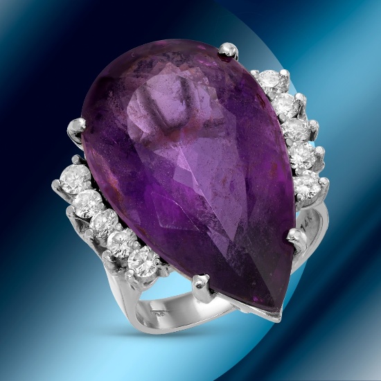 14K Gold 21.70cts Amethyst & 0.80cts Diamond Ring