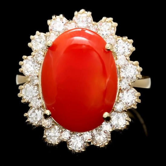 14k Yellow Gold 5.00ct Coral 1.50ct Diamond Ring
