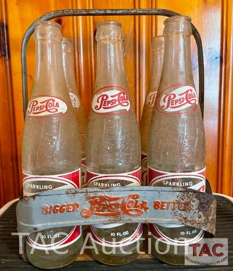 Vintage Pepsi-Cola Bottles With Metal Carrier