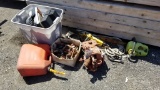 Lot - chain saws, gas can, misc tools, rope,