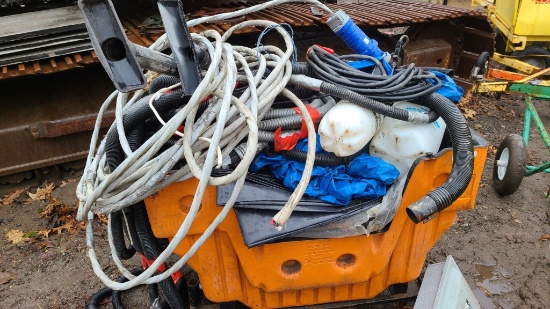 Bin with assorted electrical cable, hose, etc